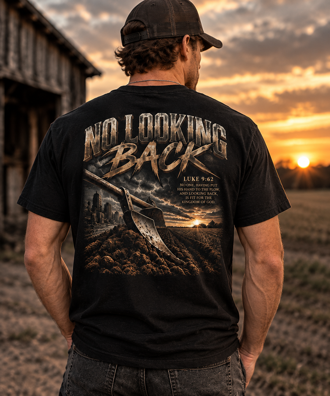 No Looking Back Christian T-Shirt | Luke 9:62 | Rugged Faith Description