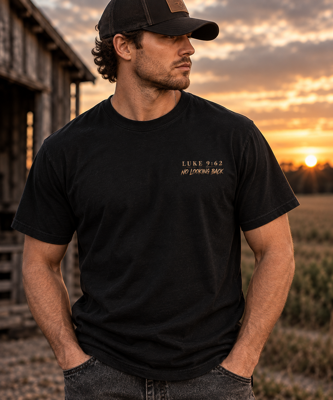 No Looking Back Christian T-Shirt | Luke 9:62 | Rugged Faith Description