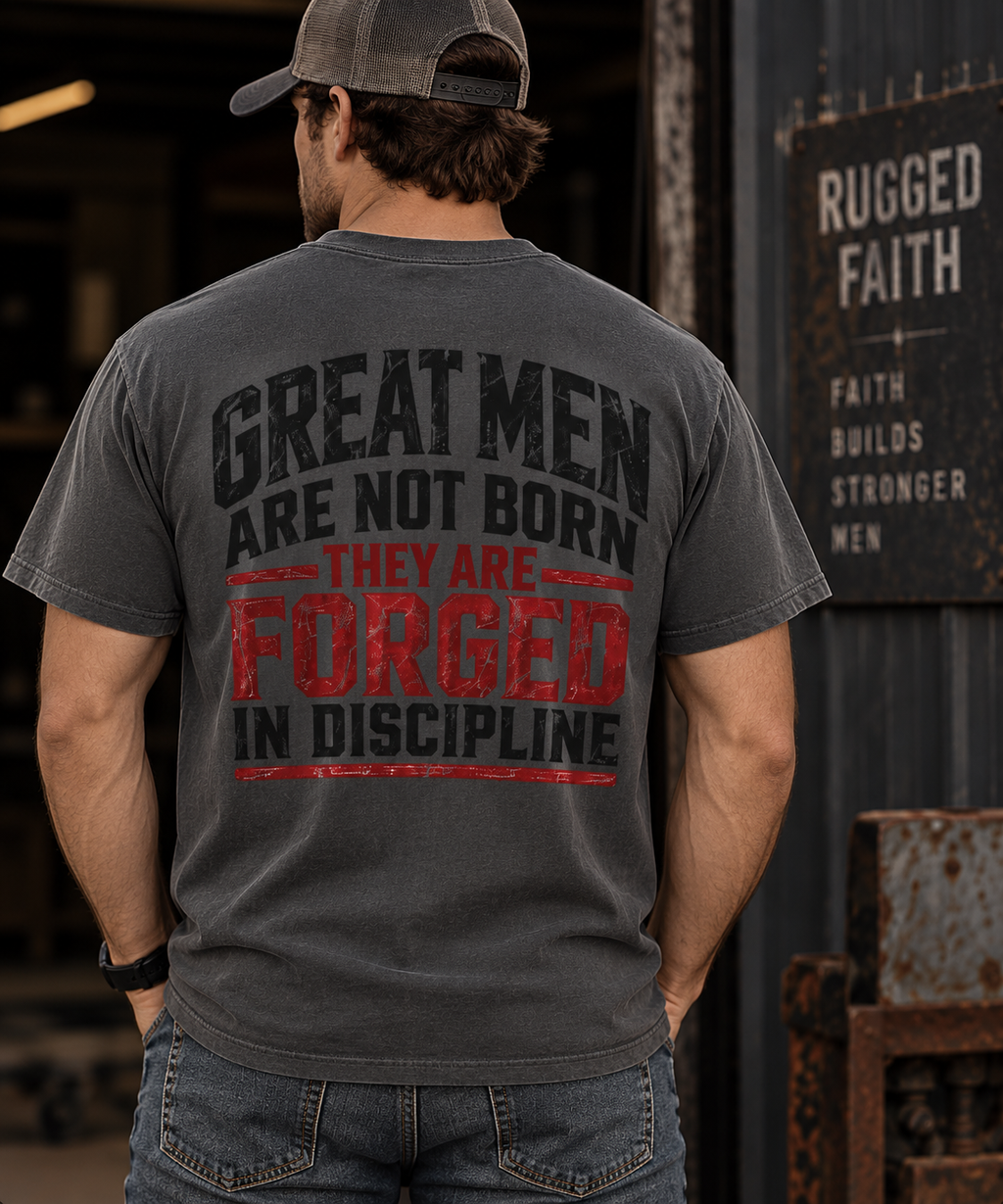 Great Men Are Forged in Discipline T-Shirt | Men’s Vintage Graphic Tee